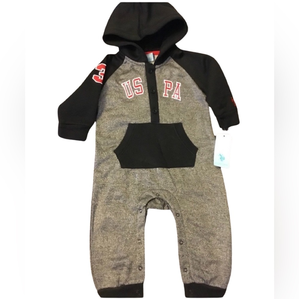 🪷 NWT US Polo 1pc Jersey Jumper Pants Outfit w/Hood 18 months